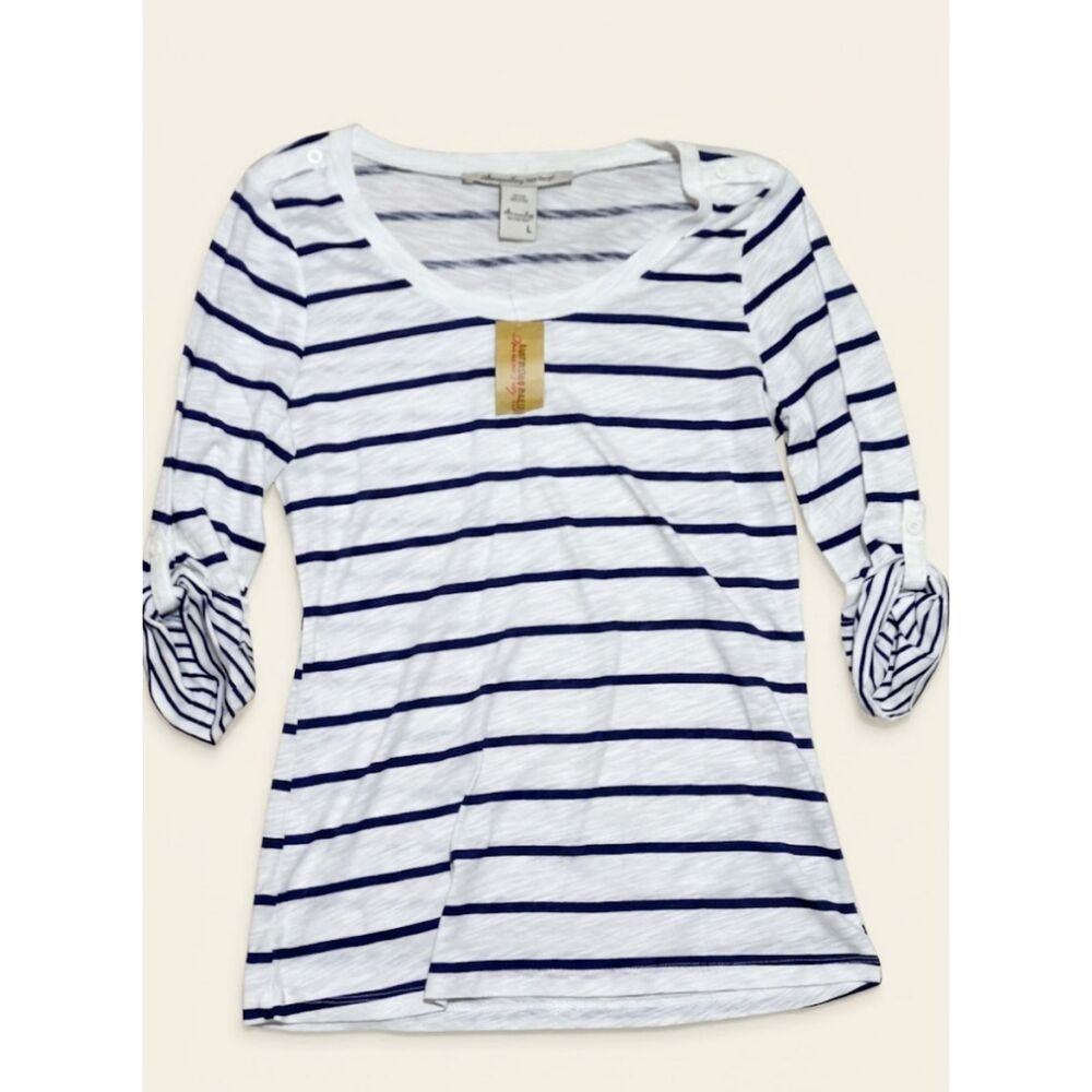 American Rag Cie Womens L White Navy Stripe Top NWT 3/4 Sleeve Shoulder Buttons